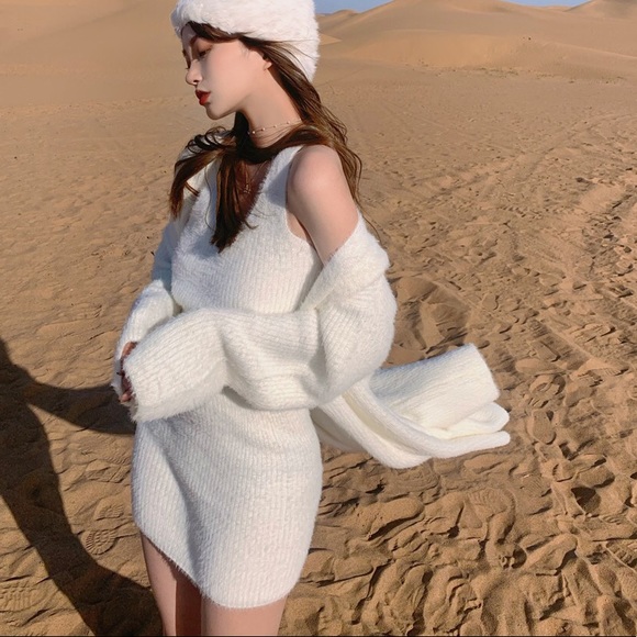 Sweater cardigan 3PCS SET skirt crop top fuzzy eyelash white soft womens - Picture 7 of 15